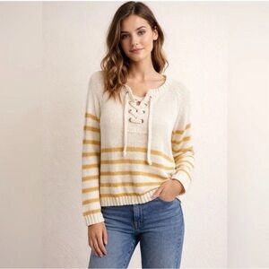 Wooden Ships Palmer Laced Neck Sweater. Cream/Tan Stripe. Size S/M